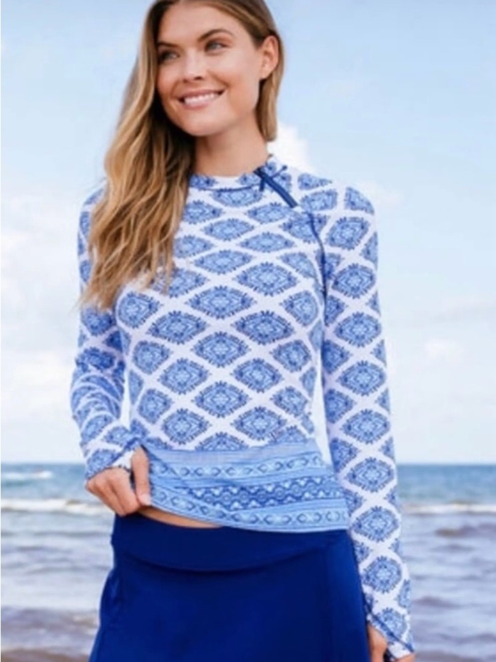 Cabana Life White and Blue Long-Sleeve Geo Print Rash Guard